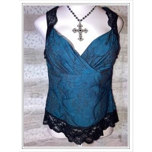 Hillard & Hanson lace & sparkle teal tank top Sz L